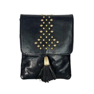 VINTAGE Black Leather Studded Rhinestone Tassel Crossbody Purse